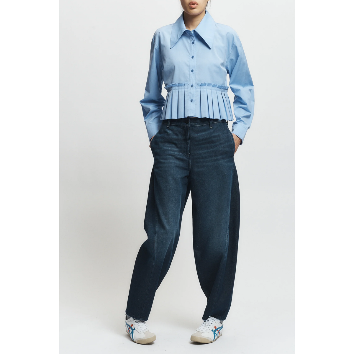 Mila Ruched Poplin Blouse - Blue Chambray