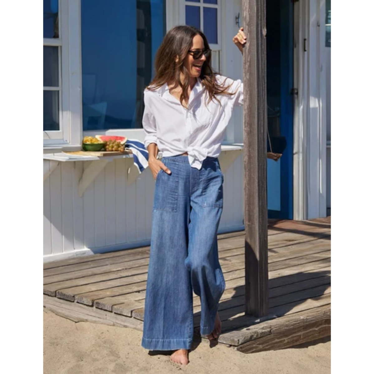 Madeline Patch Pocket Pull-On Pant - Distressed Indigo Wash