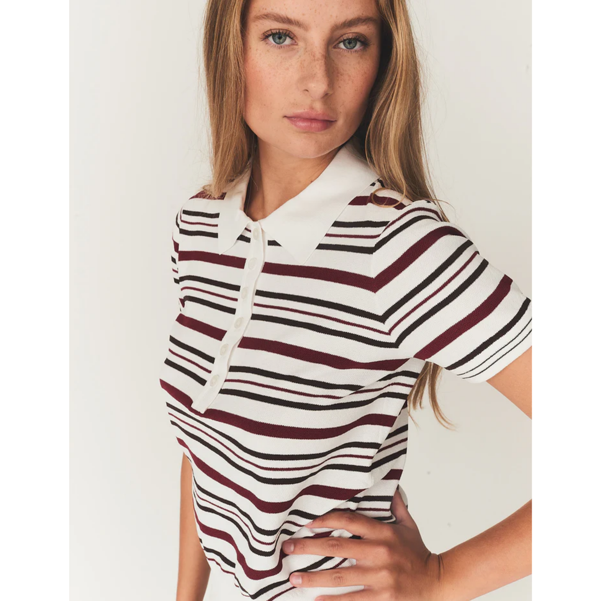 Madison Button Polo - White/Vino/Espresso