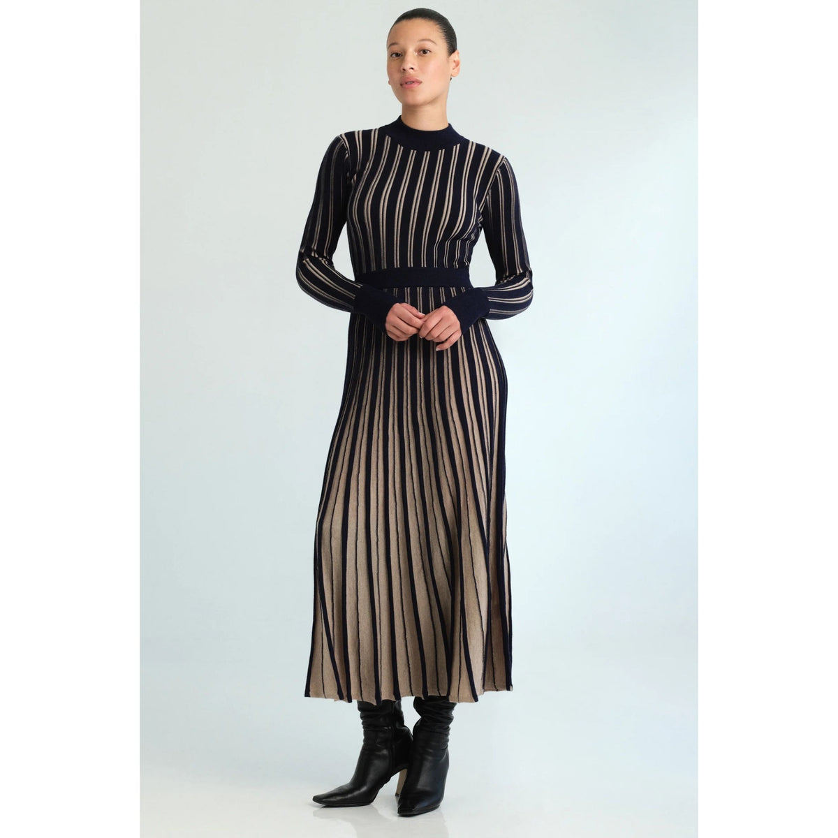 Mariella Dress - Navy/Beige Stripe