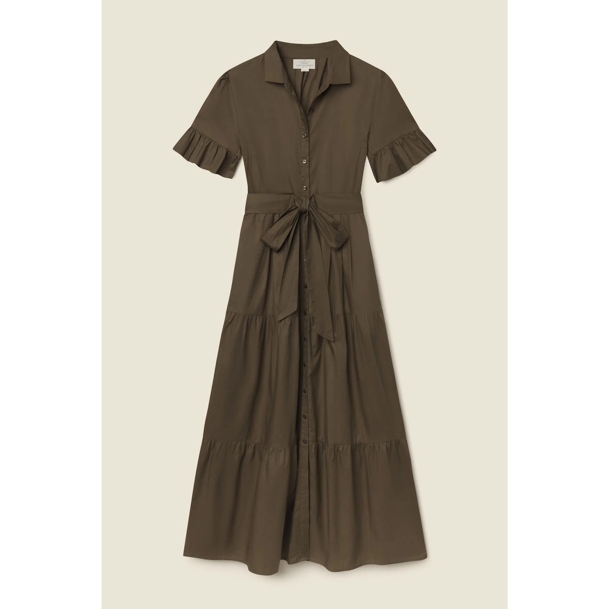 An olive brown short-sleeve midi dress with a collar, button front, ruffled sleeves, and a matching waist tie, shown flat against a light beige background.