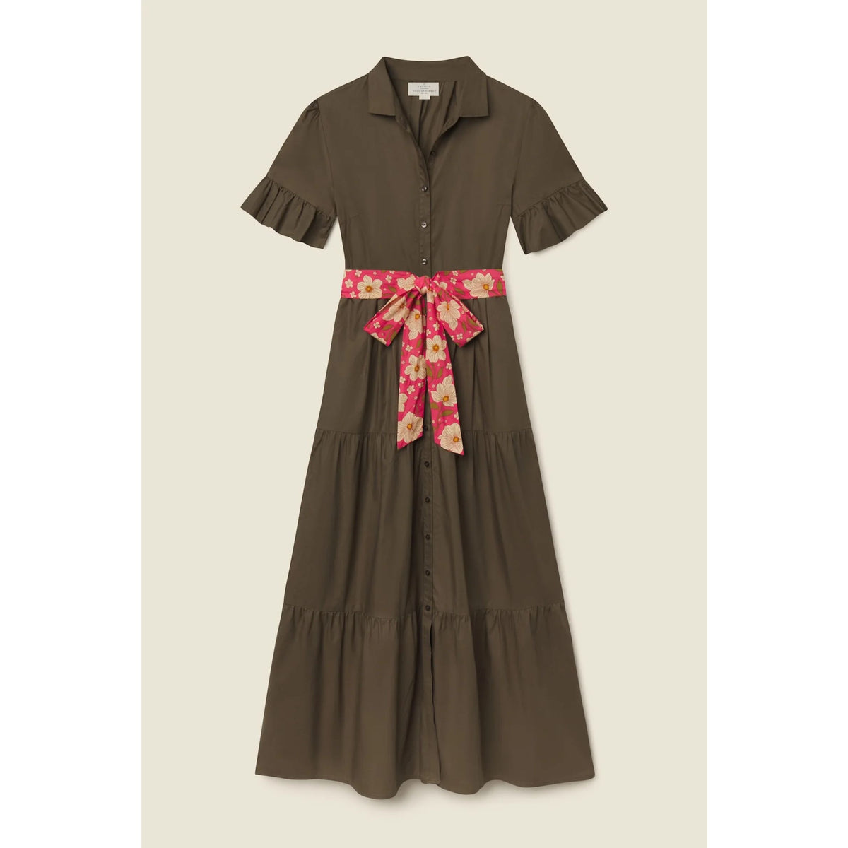 An olive brown short-sleeve midi dress with ruffled sleeves, a button-down front, and a pink floral waist tie belt, shown against a solid light beige background.