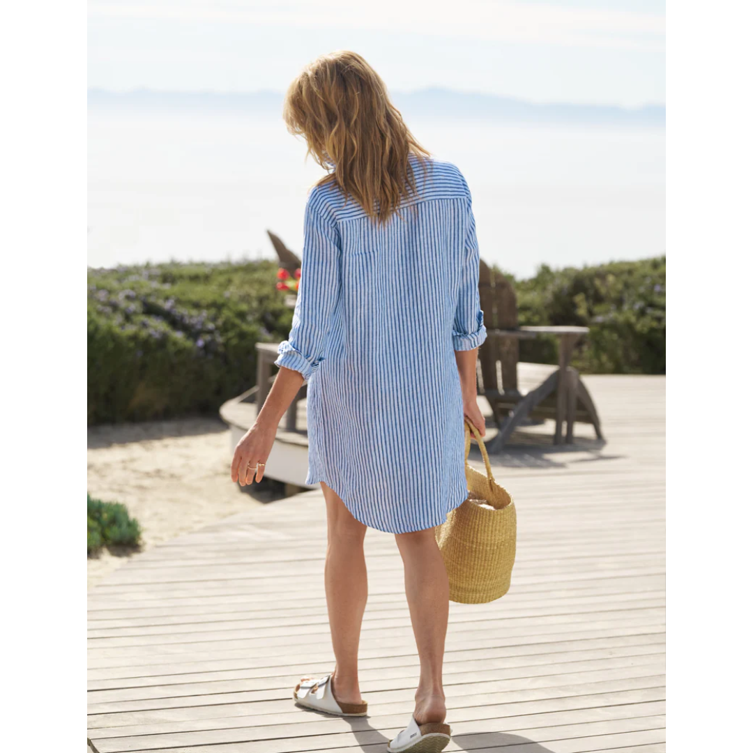 Mary Dress - Blue and Navy Textured Stripe