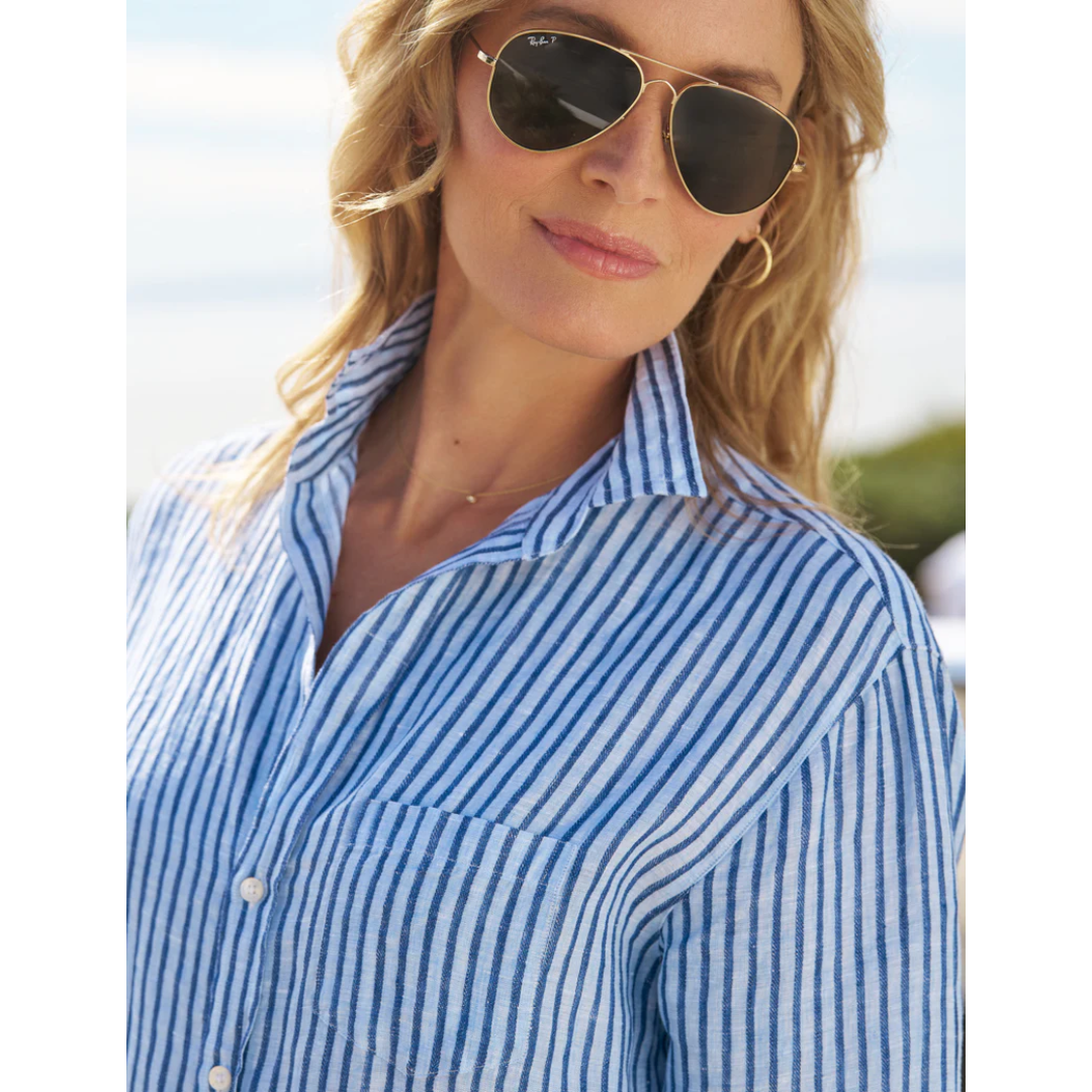 Mary Dress - Blue and Navy Textured Stripe