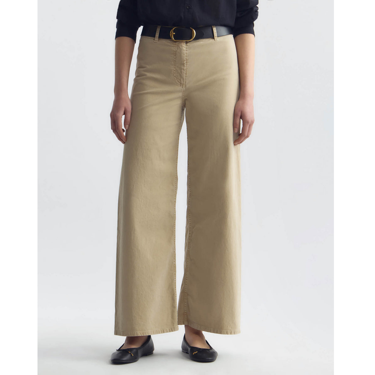 Person wearing beige wide-leg pants with a black top on a white background