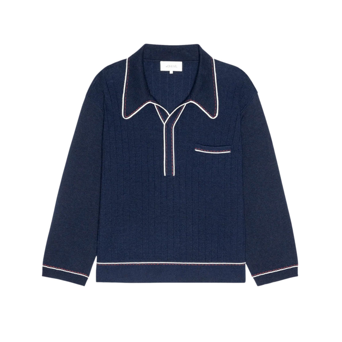 A navy blue ribbed knit long-sleeve top with white contrast piping along the collar, placket, pocket, cuffs, and hem, displayed flat against a white background.