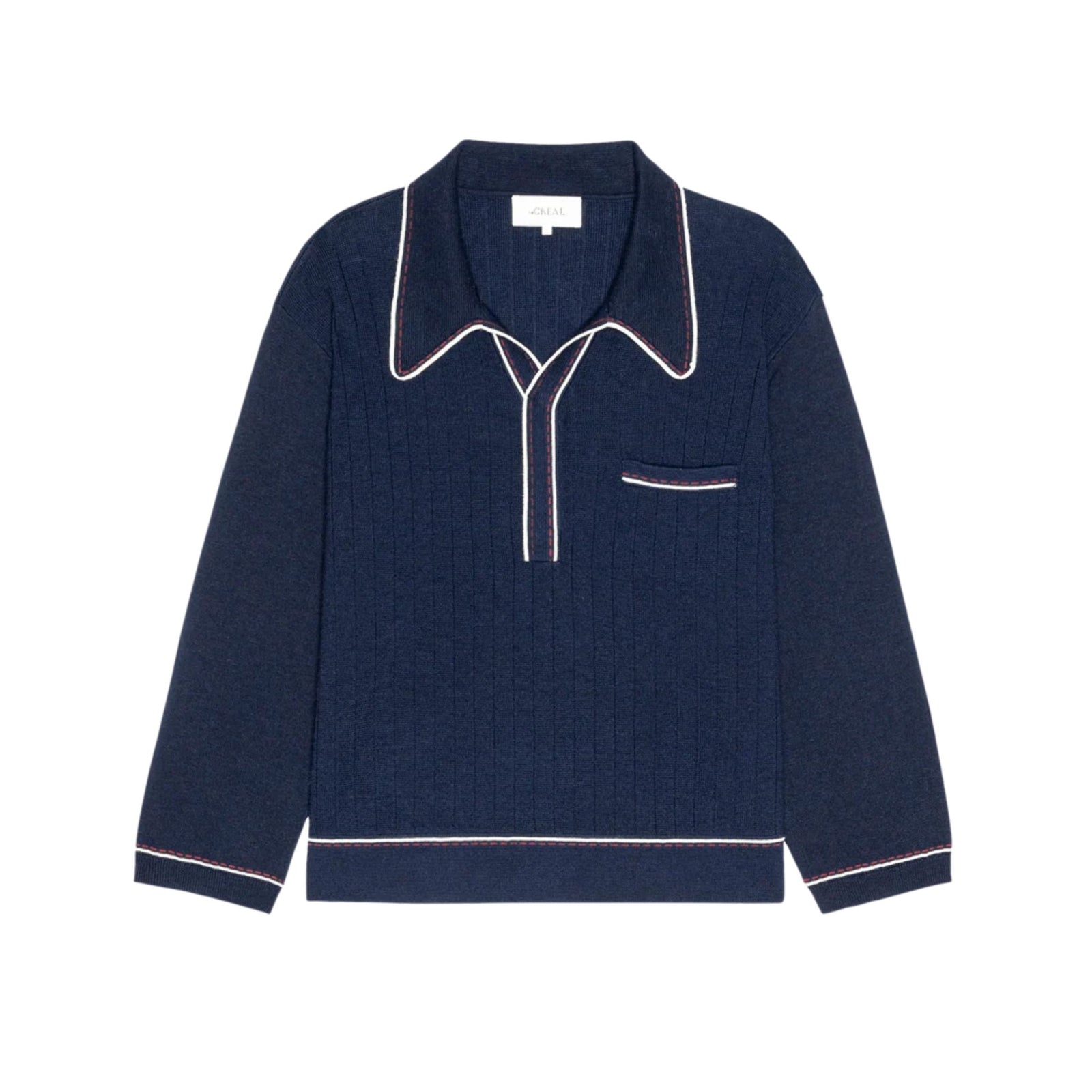 A navy blue ribbed knit long-sleeve top with white contrast piping along the collar, placket, pocket, cuffs, and hem, displayed flat against a white background.
