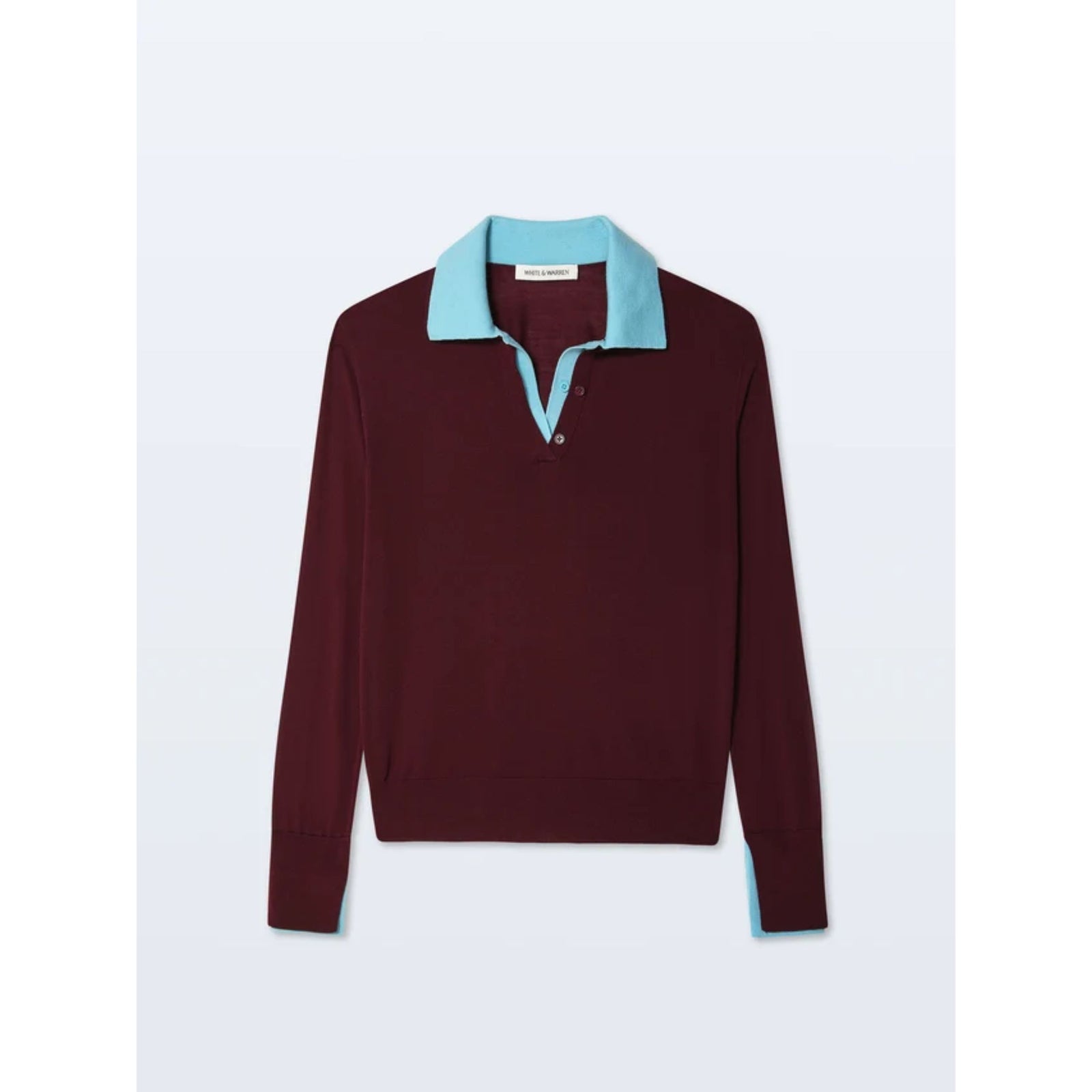Front flat lay view of the "Merino Layered Polo" in burgundy, featuring long sleeves, a open v-neck placket, and a contrasting light blue collar against a plain background.