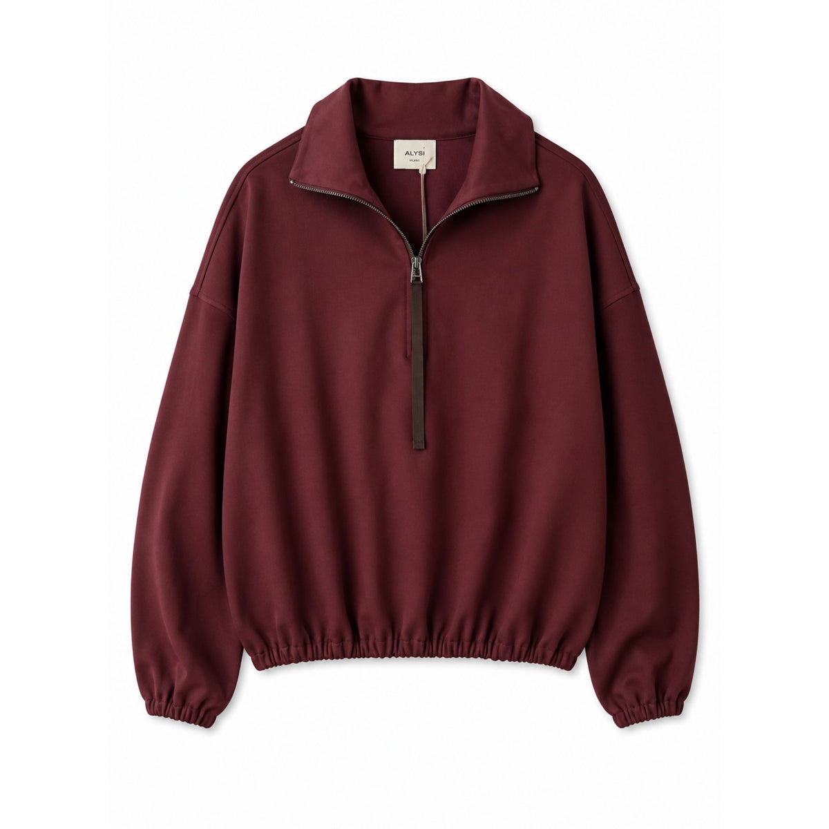 A burgundy half-zip pullover jacket with a mock neck collar, elasticized cuffs, and an elasticized hem, shown flat on a white background.