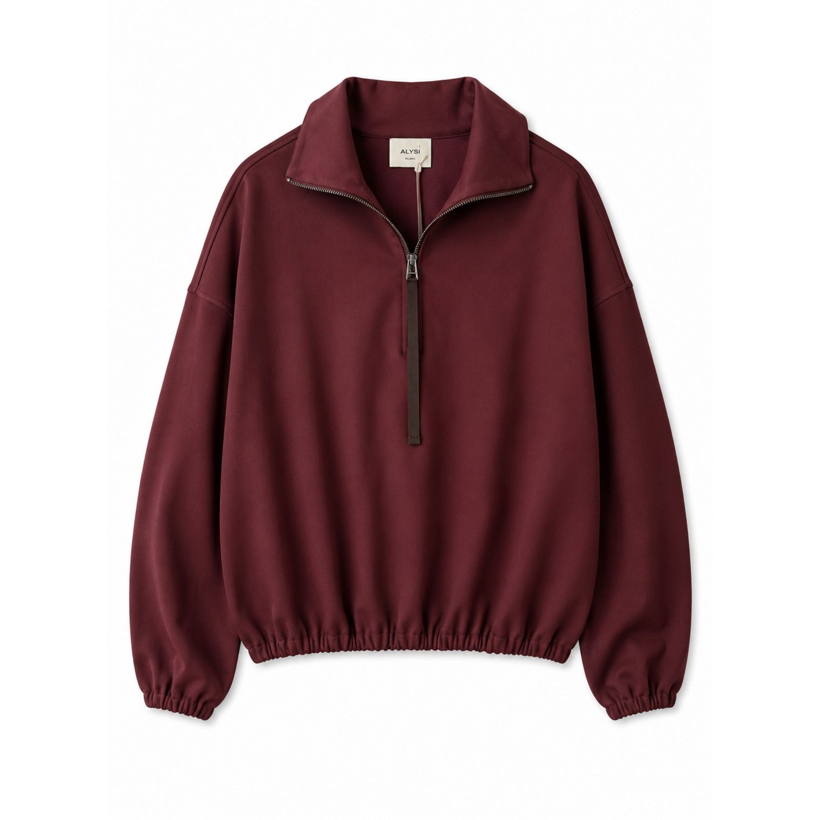 A burgundy half-zip pullover jacket with a mock neck collar, elasticized cuffs, and an elasticized hem, shown flat on a white background.