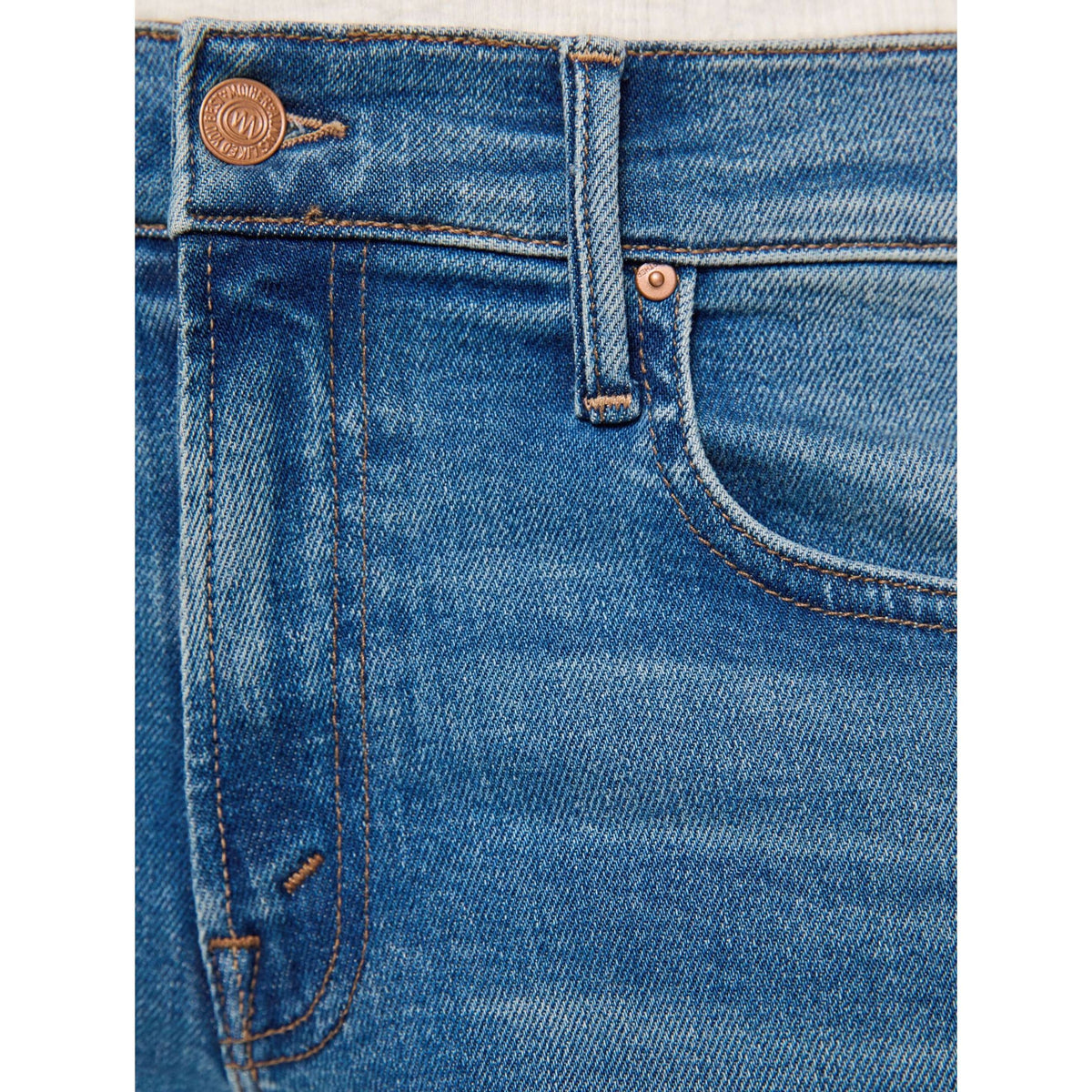 Close-up of blue denim jeans showing the waistband, belt loop, button, pocket, and stitching details.