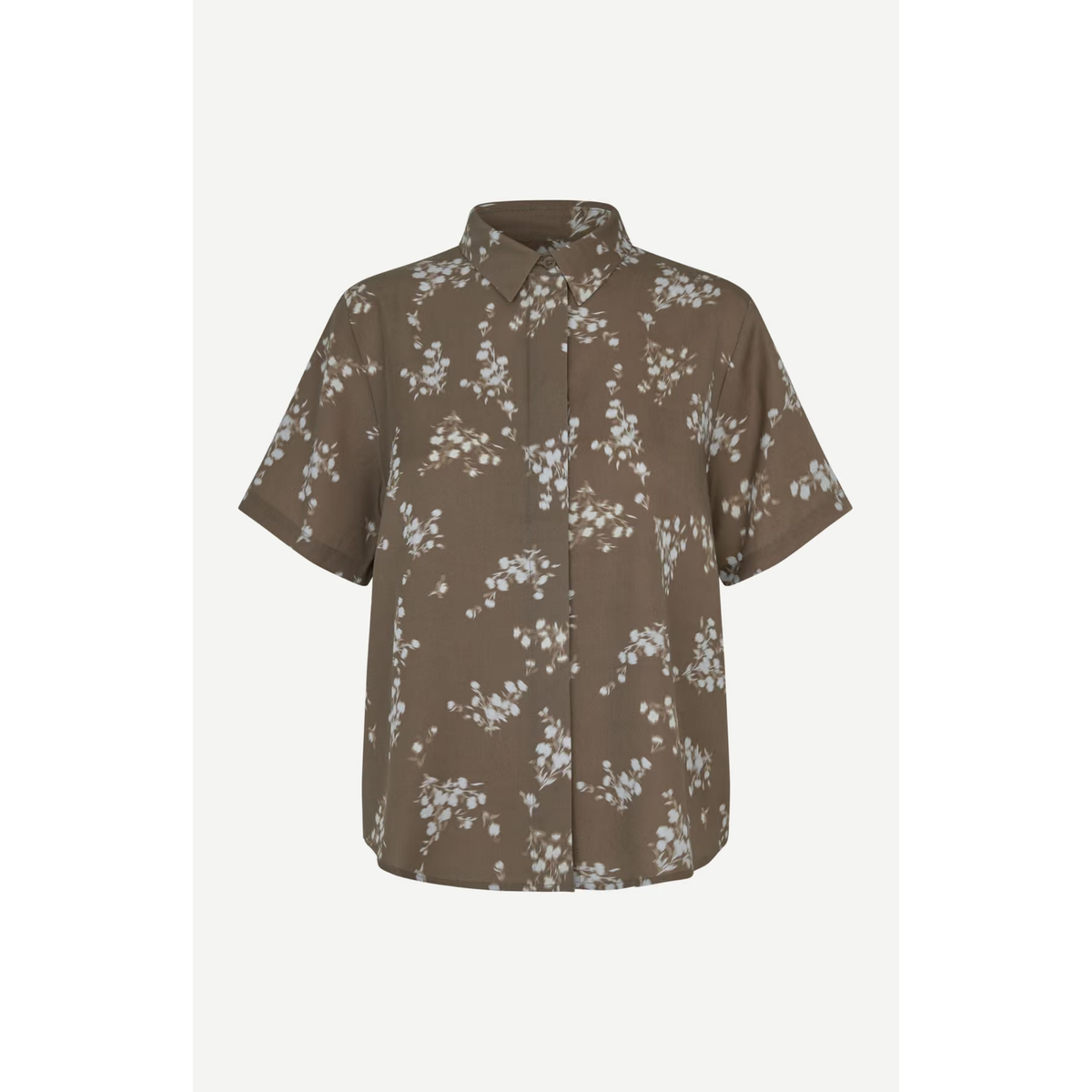 A short-sleeve button-up shirt in a brownish-gray color with a white floral pattern, displayed on a clean white background.