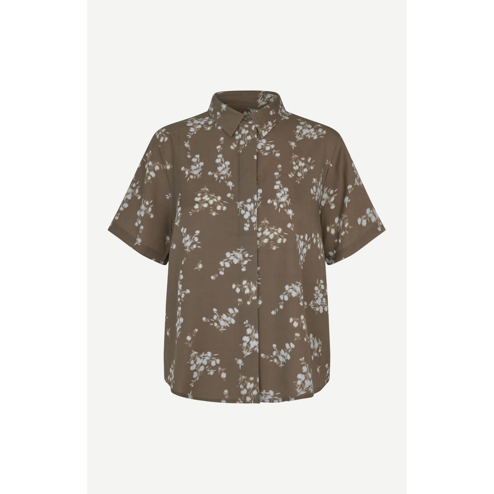 A short-sleeve button-up shirt in a brownish-gray color with a white floral pattern, displayed on a clean white background.