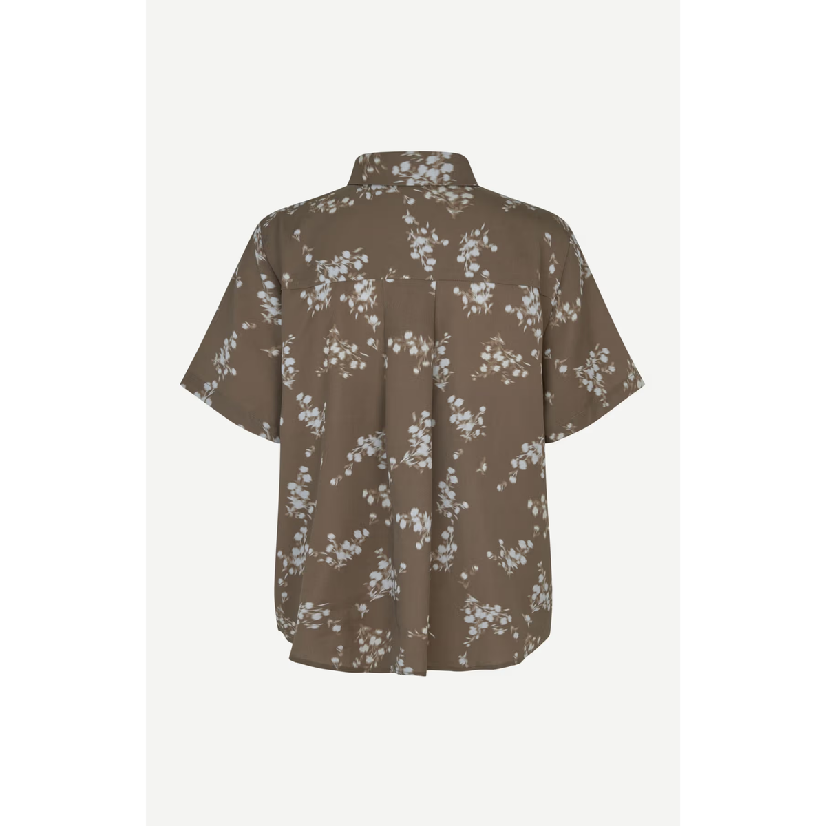 A short-sleeve button-up shirt in brown with a white floral pattern, shown from the back against a light gray background.