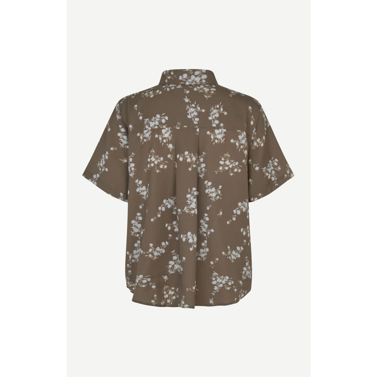 A short-sleeve button-up shirt in a brownish-gray color with a white floral pattern, displayed on a clean white background.