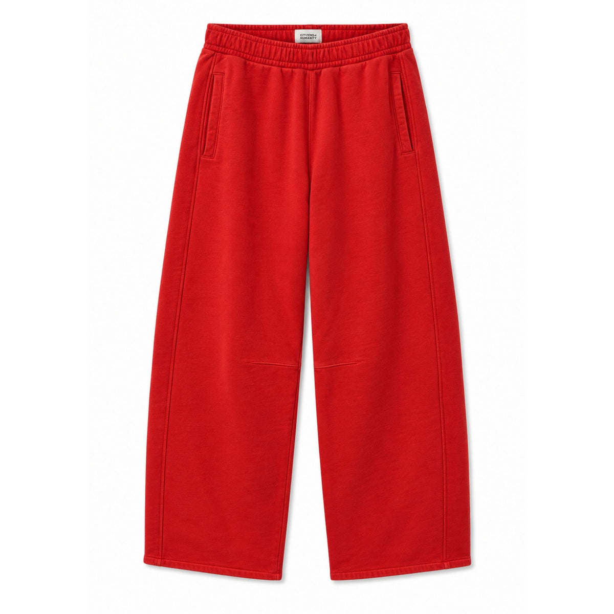 Front flat lay view of the "Miro Sweatpant" in Amaranth bright red, featuring an elastic waistband, side pockets, and a wide-leg crop fit.