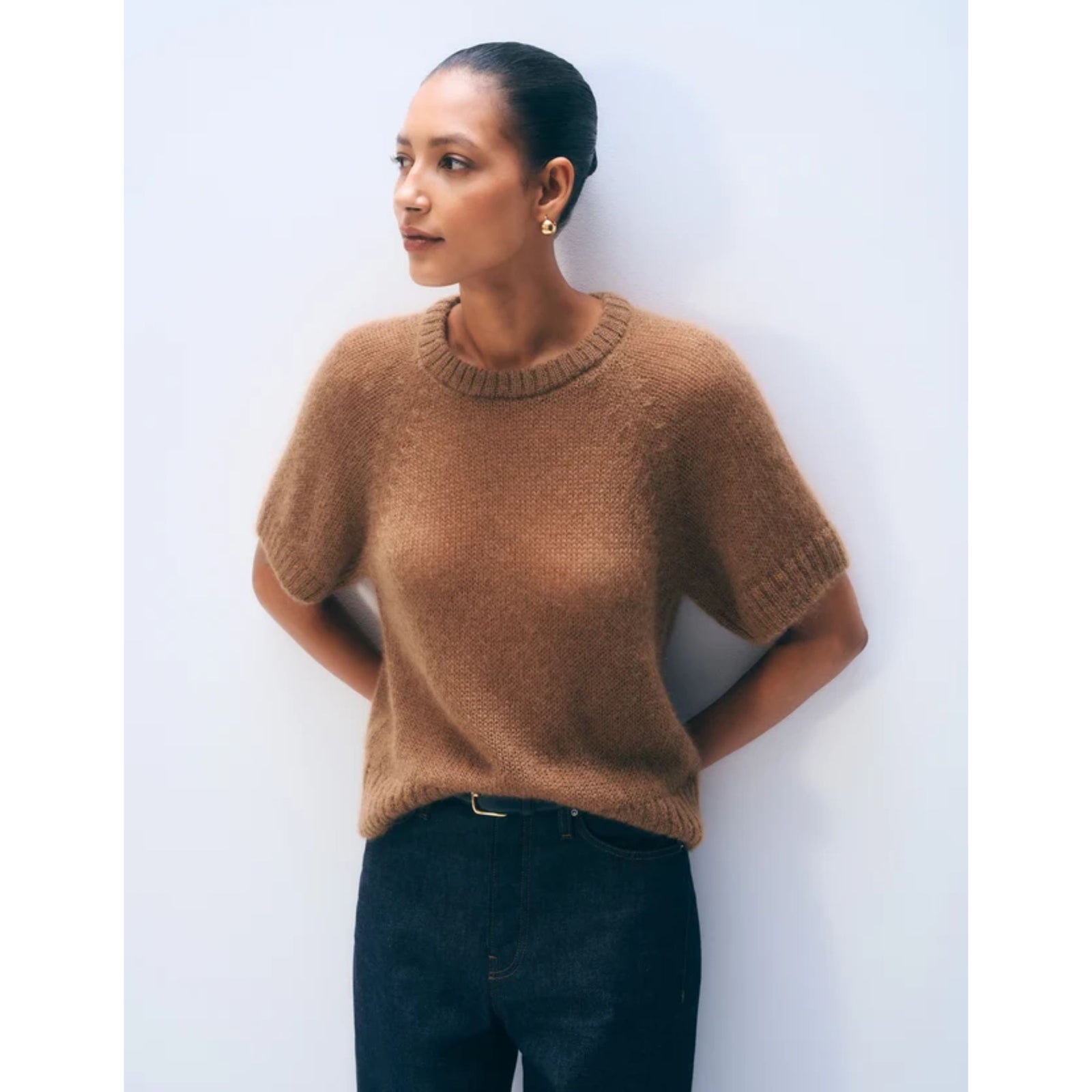 Front flat lay view of the short-sleeve "Mohair Blend Tee" in Camel brown featuring a rib-knit crew neck, relaxed fit, and ribbed trim against a plain light background.