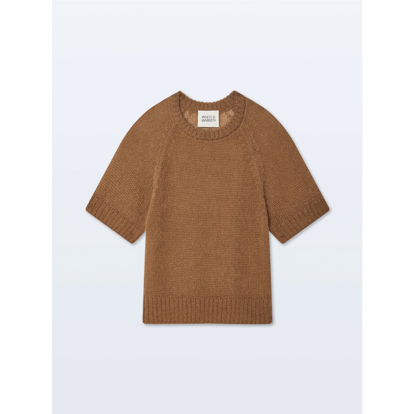 Front flat lay view of the short-sleeve "Mohair Blend Tee" in Camel brown featuring a rib-knit crew neck, relaxed fit, and ribbed trim against a plain light background.