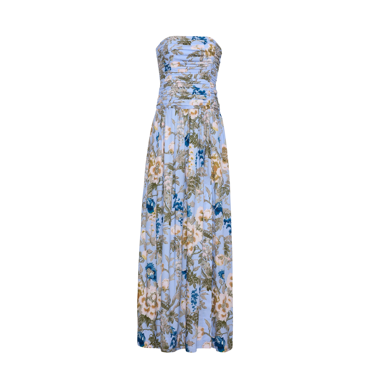 Floral strapless dress on a white background