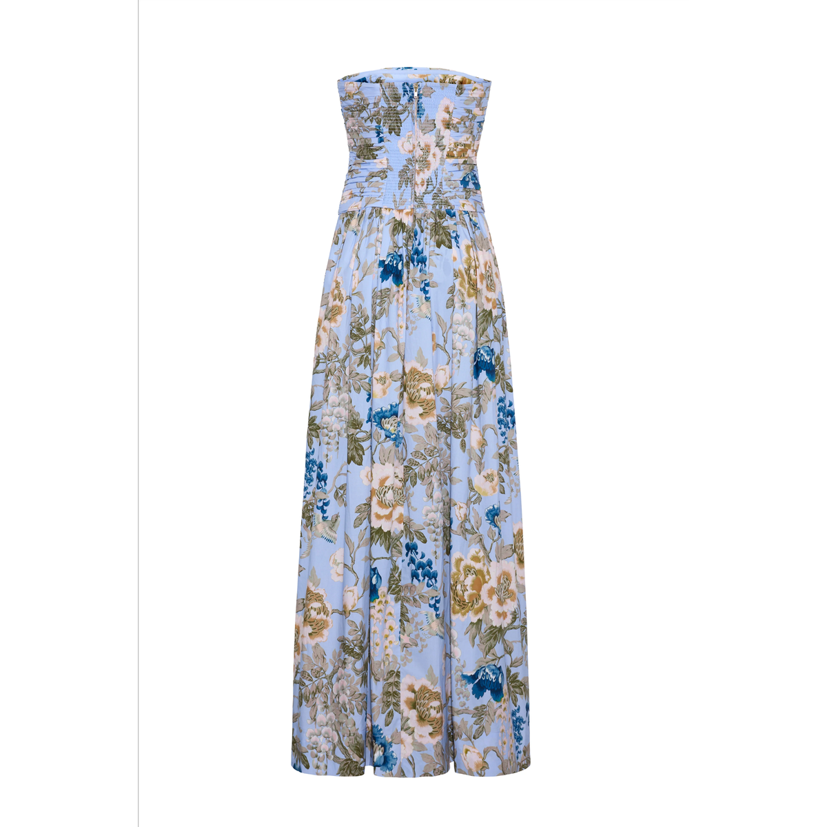 Floral strapless jumpsuit on a white background