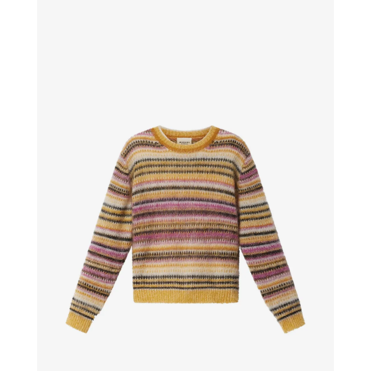 A long-sleeve knit sweater with horizontal stripes in mustard yellow, pink, purple, and black, displayed against a plain white background.