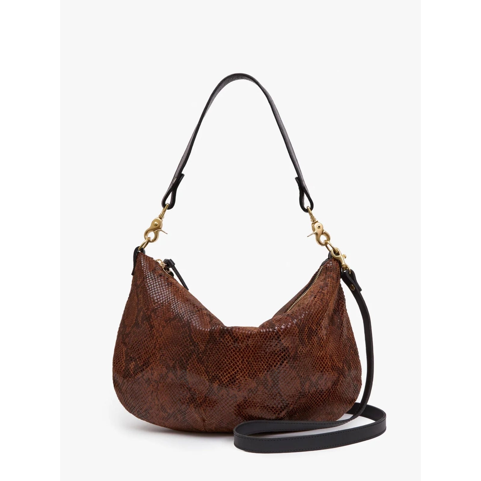 Front view of the "Moyen Messenger" bag in Auburn python-embossed leather, featuring a top shoulder handle and a black crossbody strap with gold-tone hardware against a plain background.