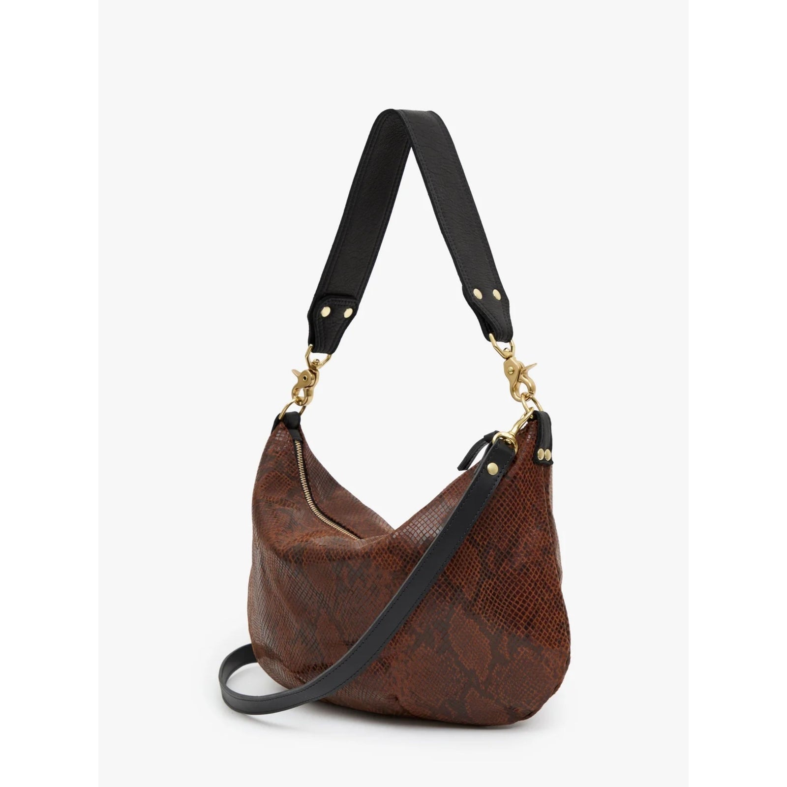 Front view of the "Moyen Messenger" bag in Auburn python-embossed leather, featuring a top shoulder handle and a black crossbody strap with gold-tone hardware against a plain background.