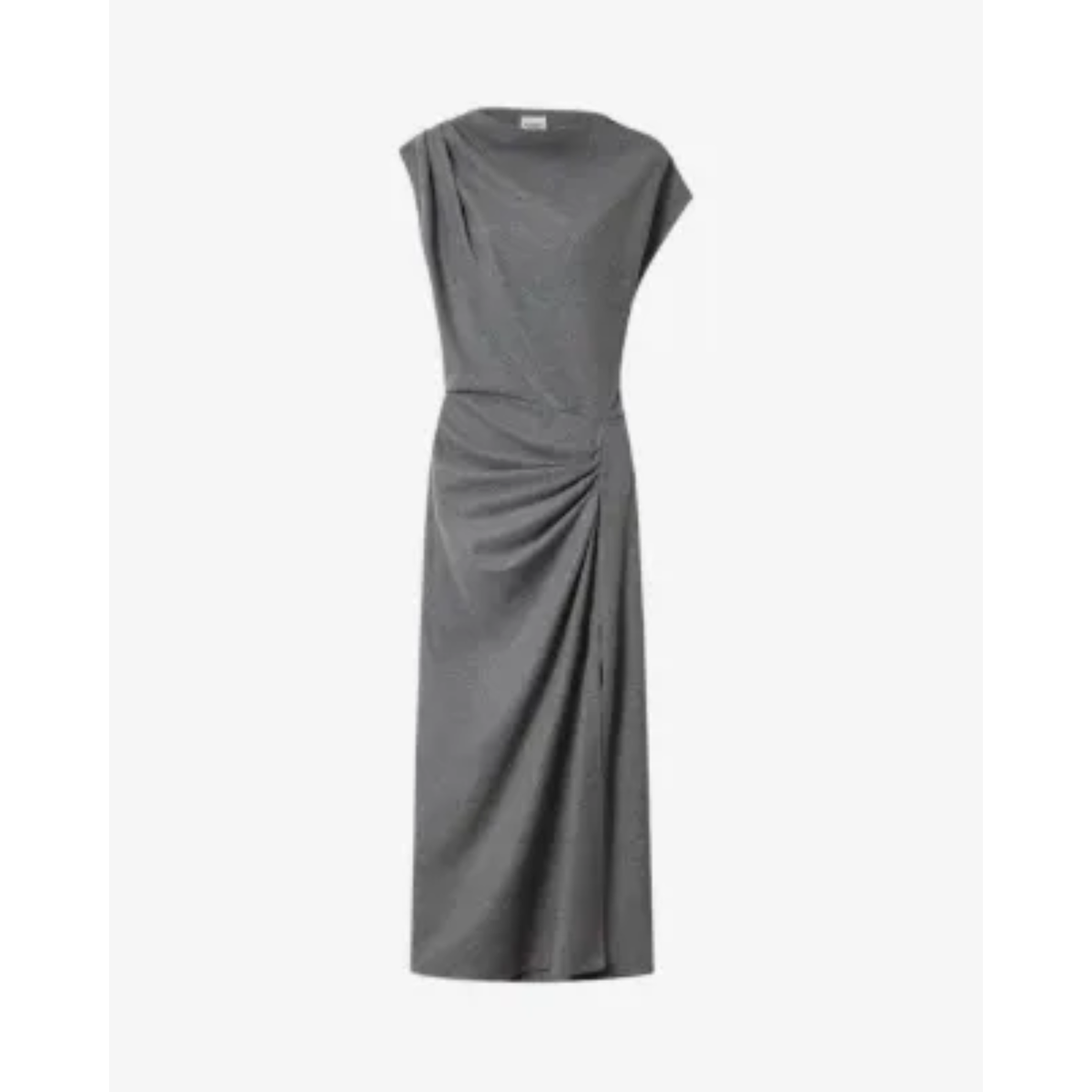 A dark gray sleeveless midi dress with draped, gathered details, shown against a plain light gray background.