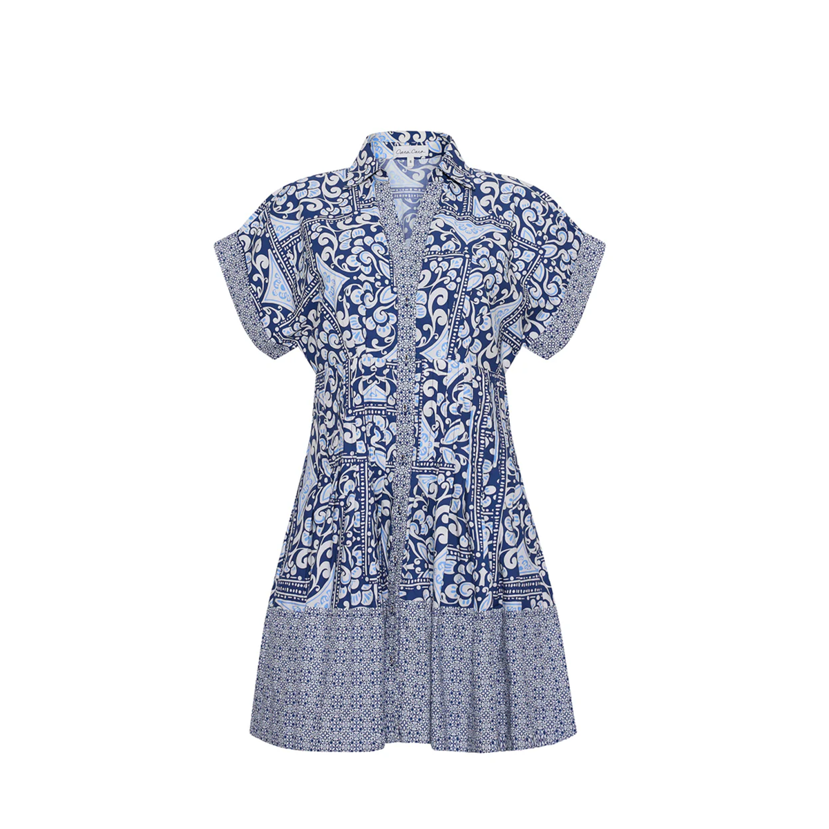 Blue and white patterned dress on a white background