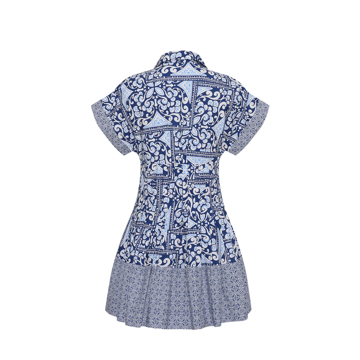 Blue and white patterned dress on a white background