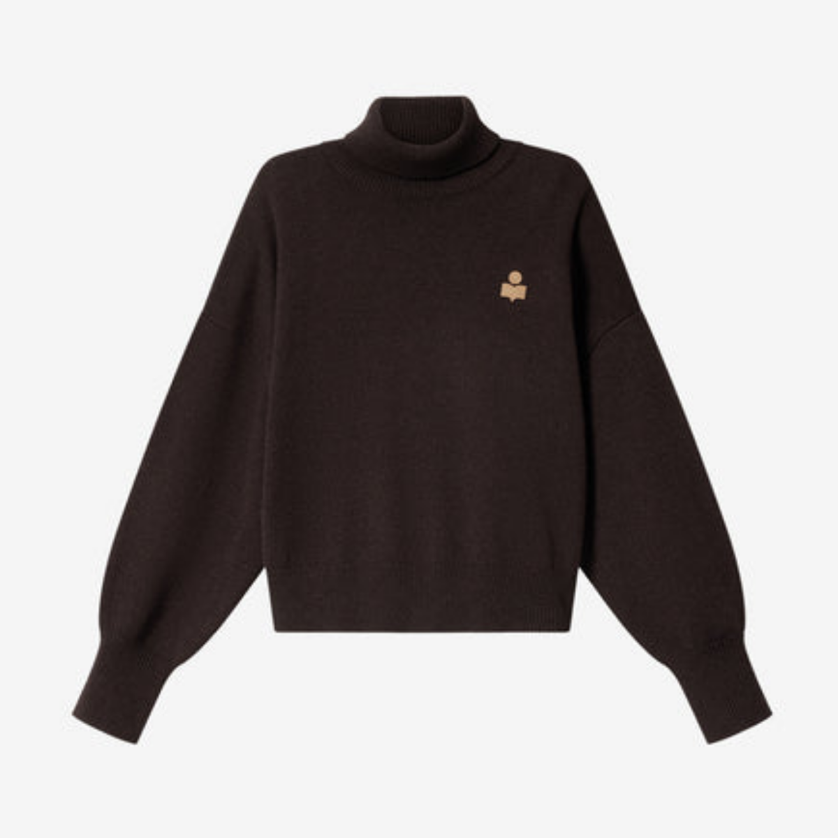 A dark brown knit turtleneck sweater with balloon sleeves and a small beige embroidered logo on the left chest, displayed against a light gray background.