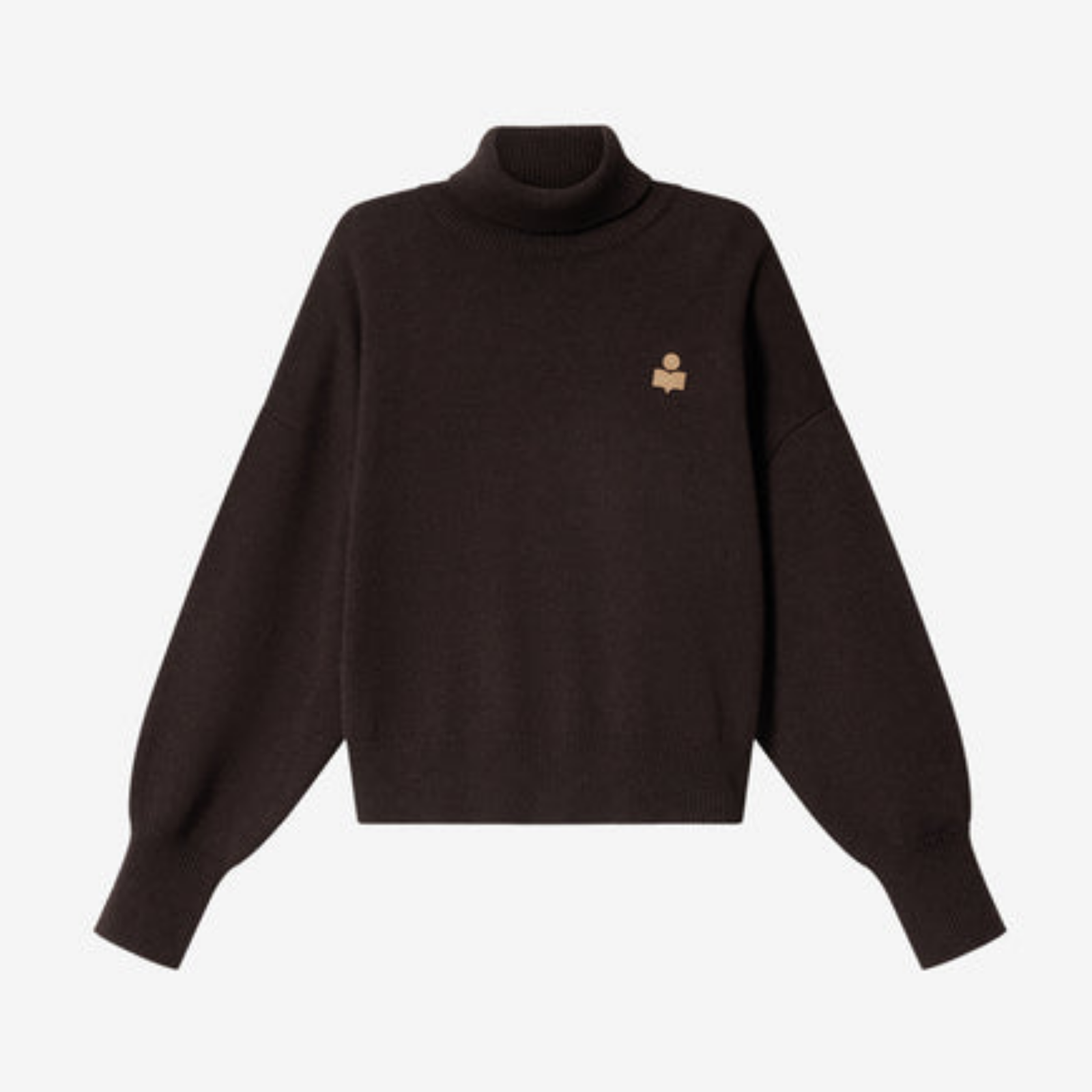 A dark brown knit turtleneck sweater with balloon sleeves and a small beige embroidered logo on the left chest, displayed against a light gray background.