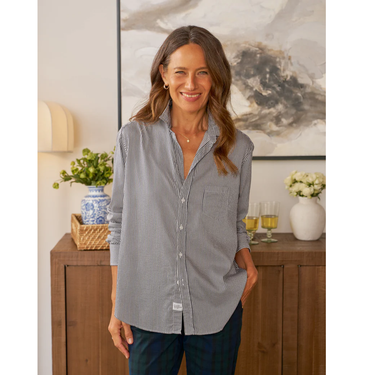 Eileen Relaxed Button Up - Blue, White, Silver Stripe