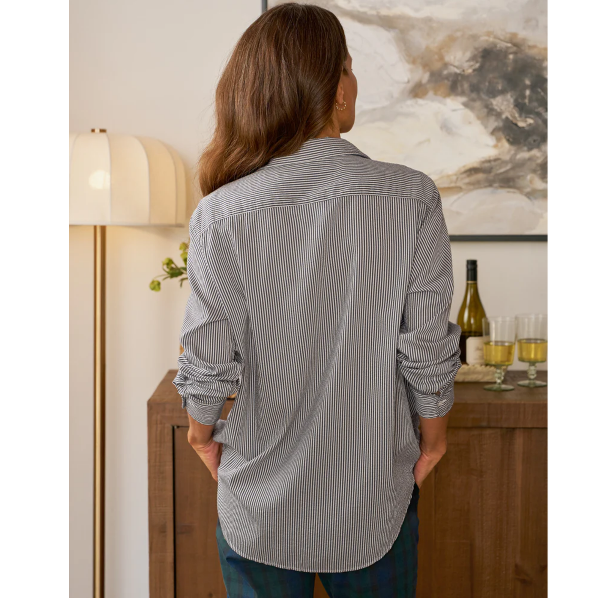 Eileen Relaxed Button Up - Blue, White, Silver Stripe