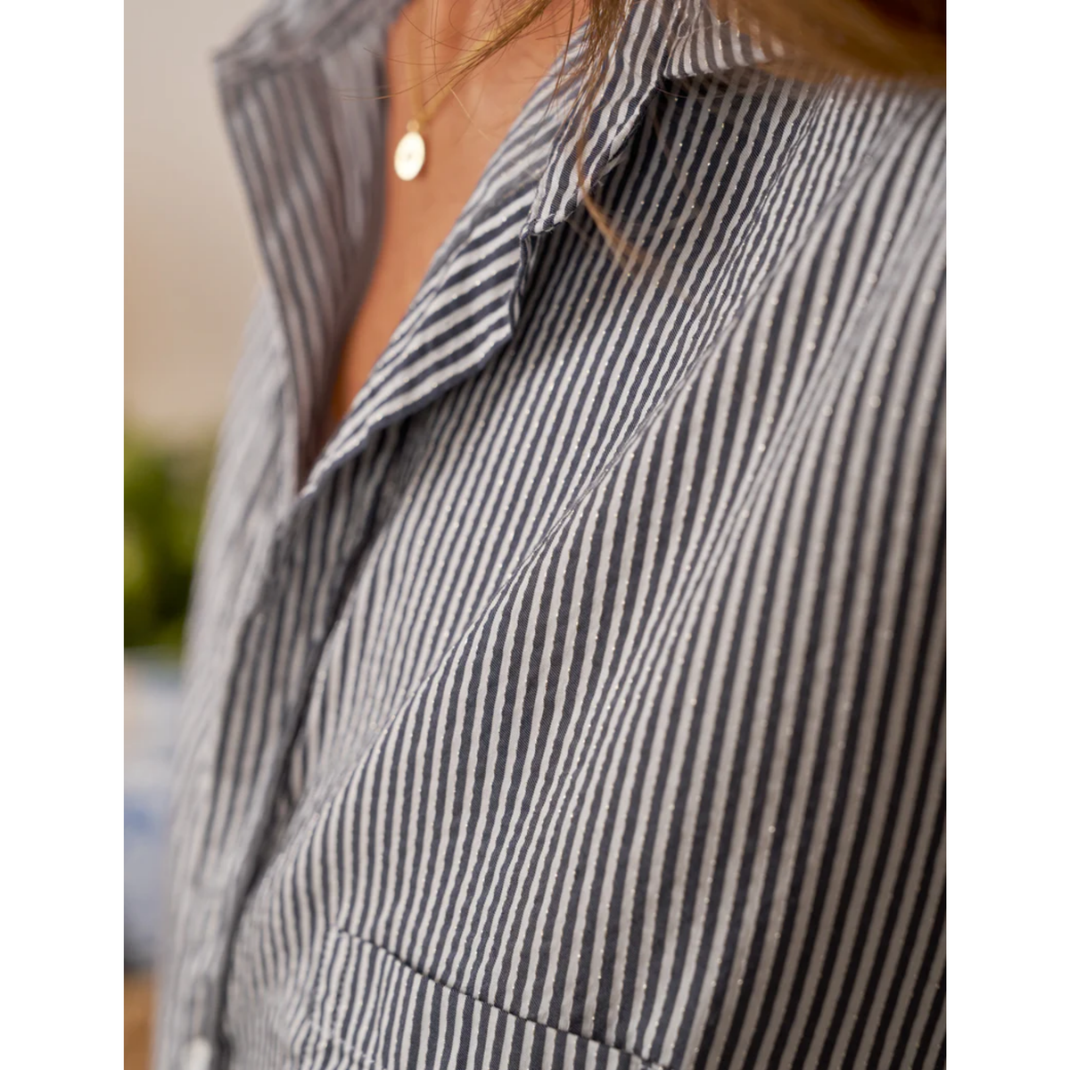 Eileen Relaxed Button Up - Blue, White, Silver Stripe