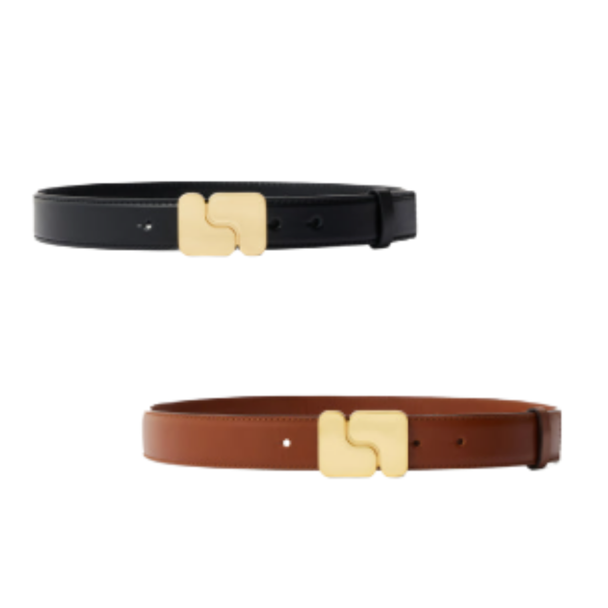 Two slim leather belts with a distinctive interlocking gold-tone buckle, shown on a plain white background. One belt is black and the other is brown.