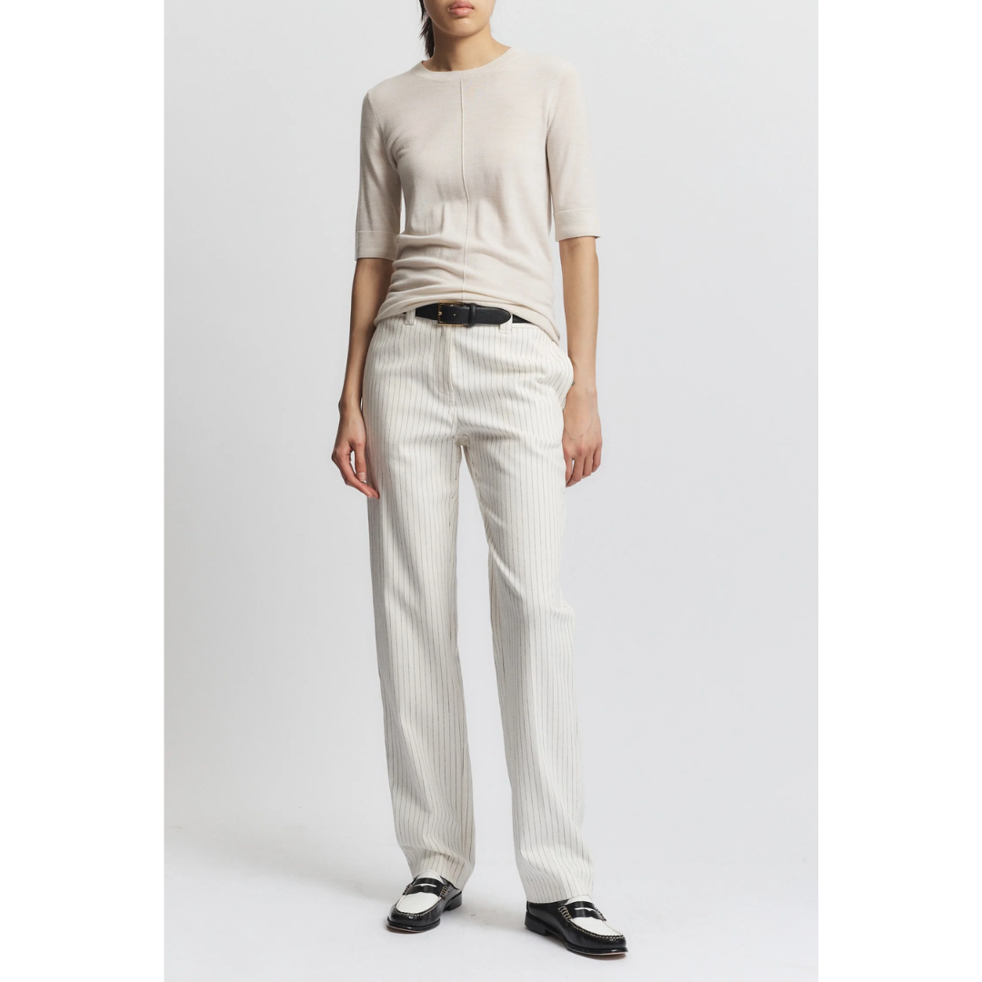 Noelle Slim Straight Trouser - Ivory Pinstripe