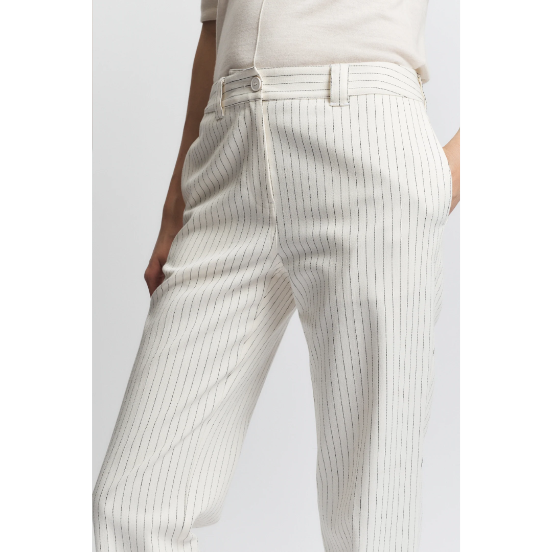 Noelle Slim Straight Trouser - Ivory Pinstripe