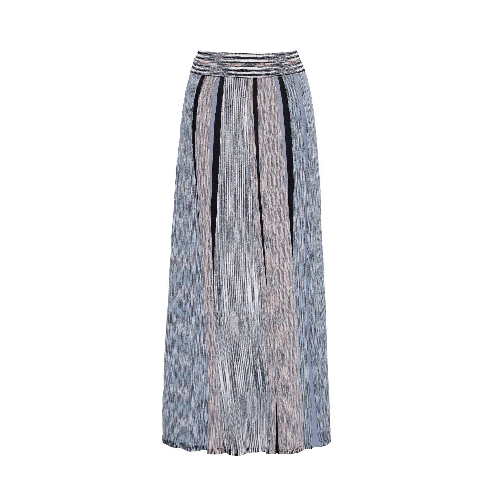 A pleated midi skirt featuring a vertical ikat pattern in shades of blue, gray, and beige, with black vertical stripes down the center, shown against a plain white background.