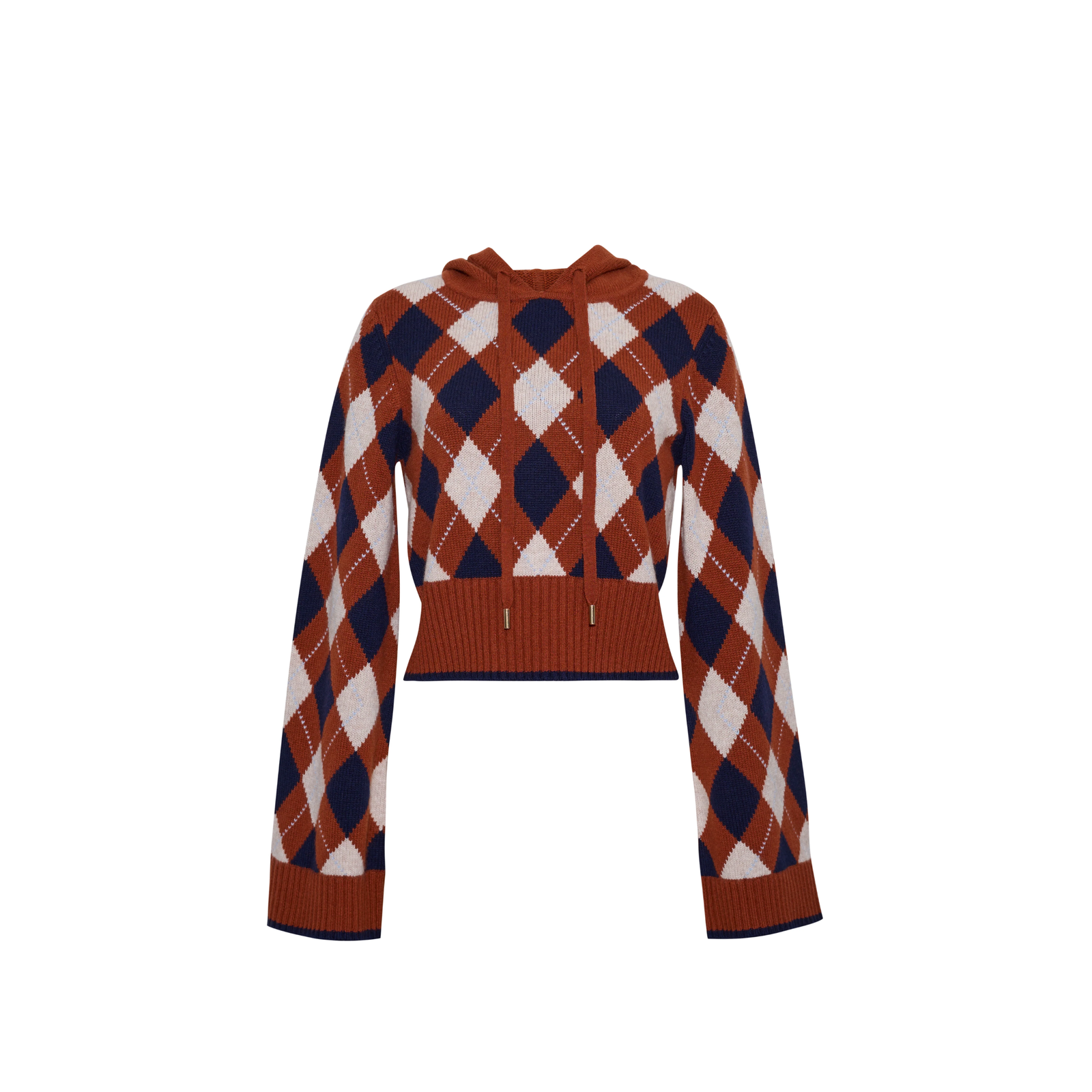 A cropped long-sleeve knit sweater with a hood, featuring an argyle pattern in rust brown, navy blue, and off-white. The sweater has a ribbed hem and cuffs and is displayed against a solid white background.
