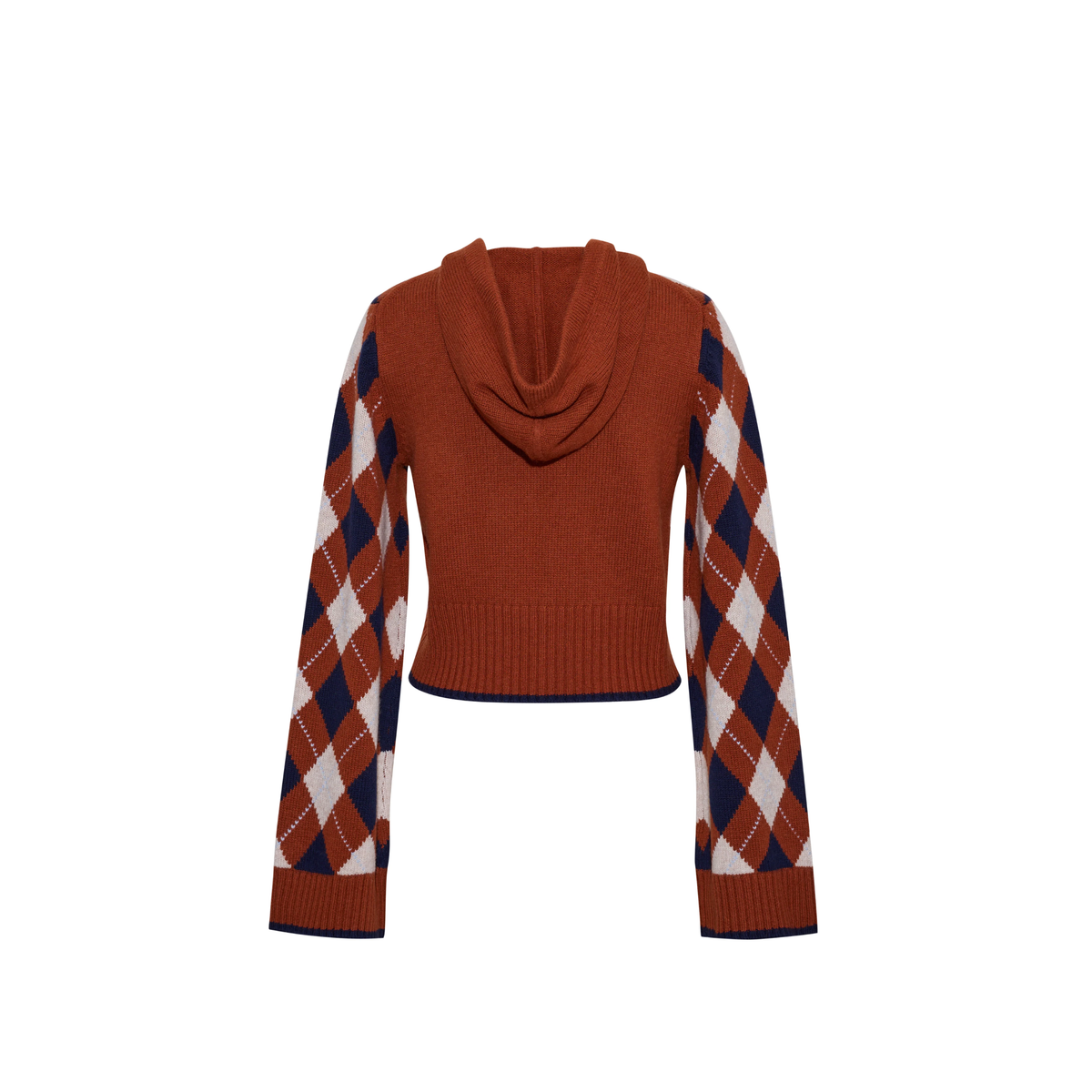 A cropped cowl-neck knit sweater with a solid rust-orange body and long sleeves featuring an argyle pattern in navy blue, rust orange, and cream.