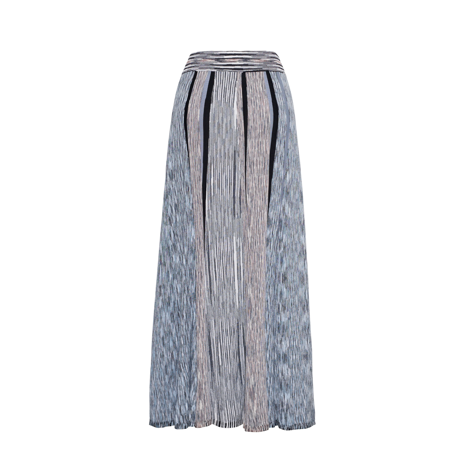 A pleated midi skirt featuring a vertical ikat pattern in shades of blue, gray, and beige, with black vertical stripes down the center, shown against a plain white background.