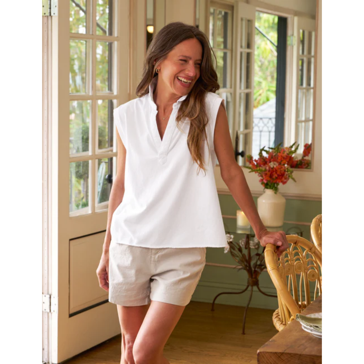 Olivia Popover Henley Tank - White