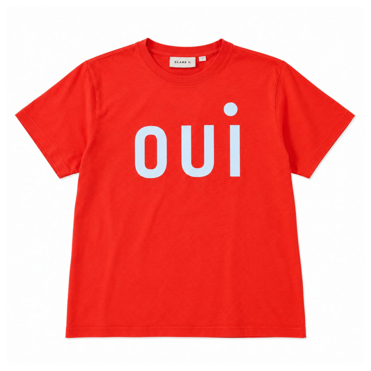 Front flat lay view of the short-sleeve "Original Tee" in Poppy red, featuring the word "oui" printed in white lettering across the chest against a plain background.