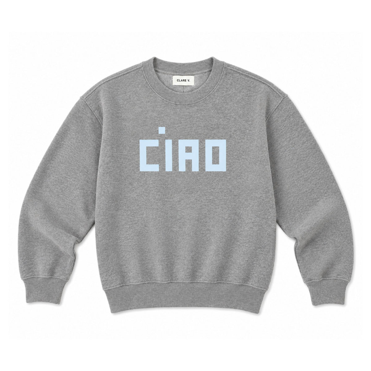 Front flat lay view of the long-sleeve "Oversized Sweatshirt" in heather grey, featuring the word "CIAO" printed in block letters across the chest against a plain background.