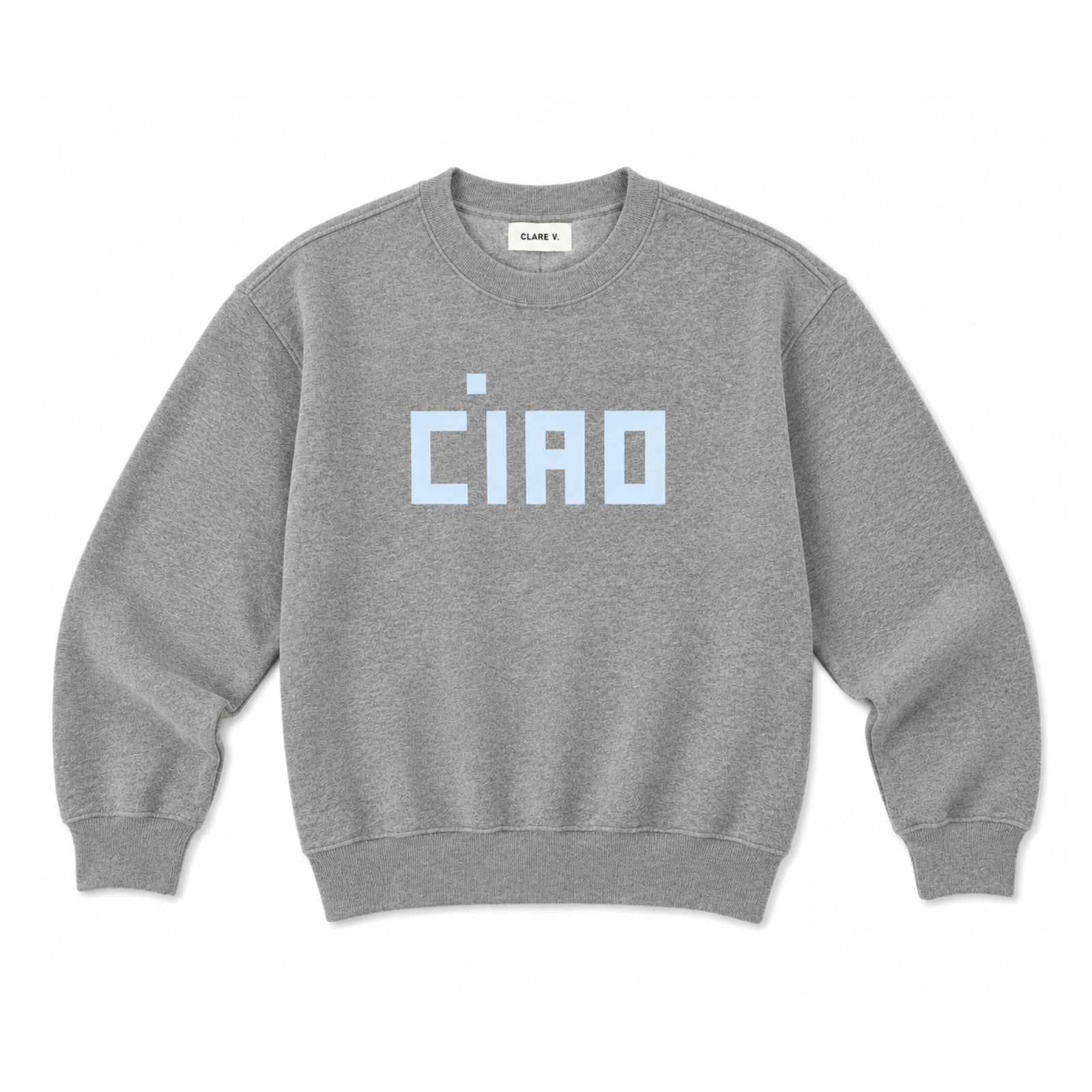 Front flat lay view of the long-sleeve "Oversized Sweatshirt" in heather grey, featuring the word "CIAO" printed in block letters across the chest against a plain background.