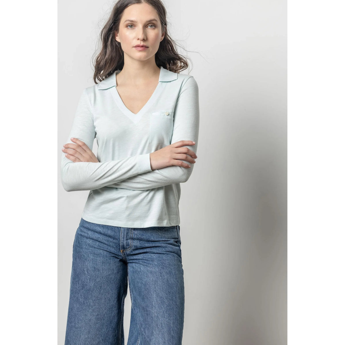 Long Sleeve Collared V-Neck