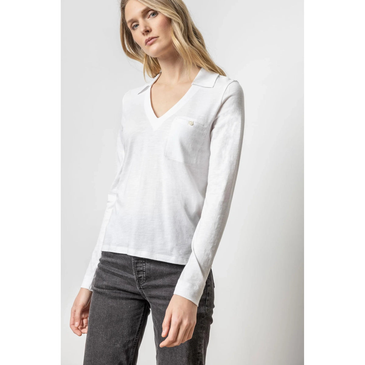 Long Sleeve Collared V-Neck