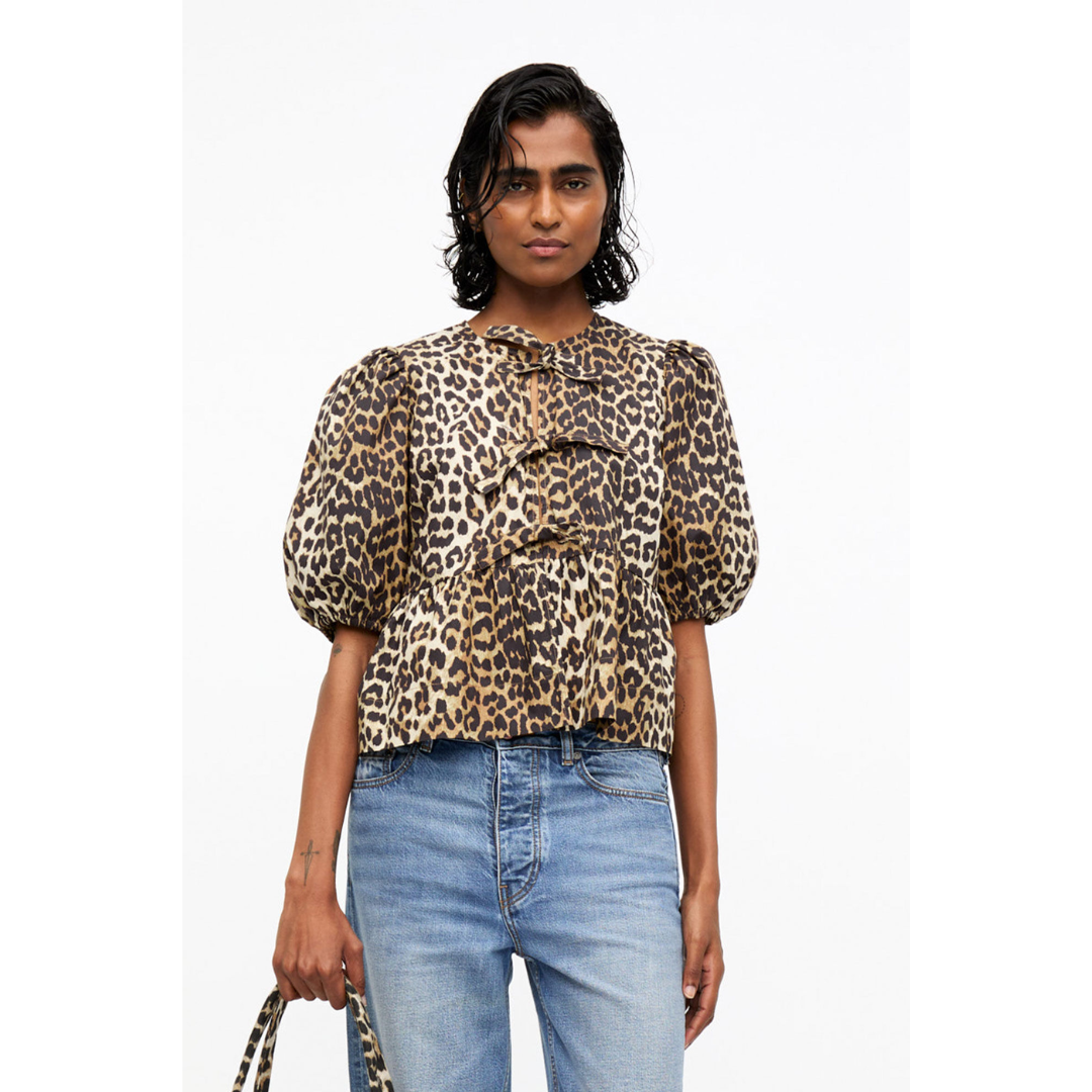 Leopard Cotton Poplin Peplum Tie Blouse