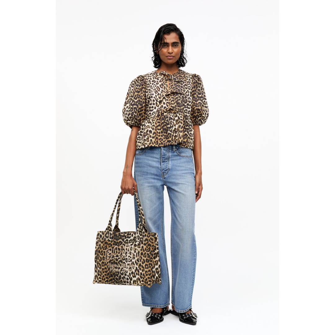 Leopard Cotton Poplin Peplum Tie Blouse